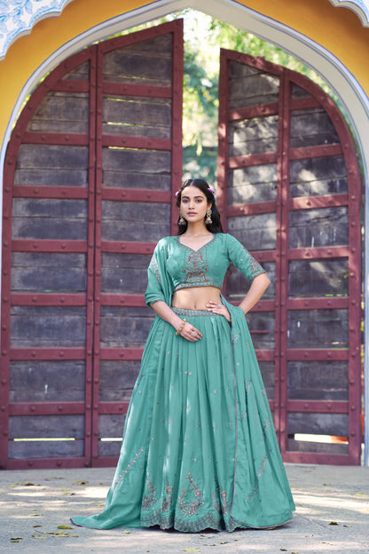 Sky Blue Star Georgette Lehenga Choli with Dupatta Set