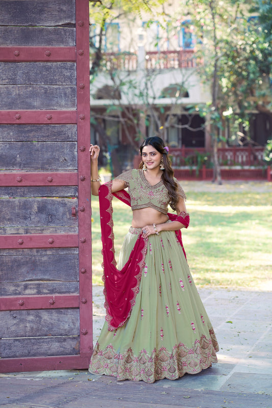 Pista Green Star Georgette Lehenga Choli for Mehendi