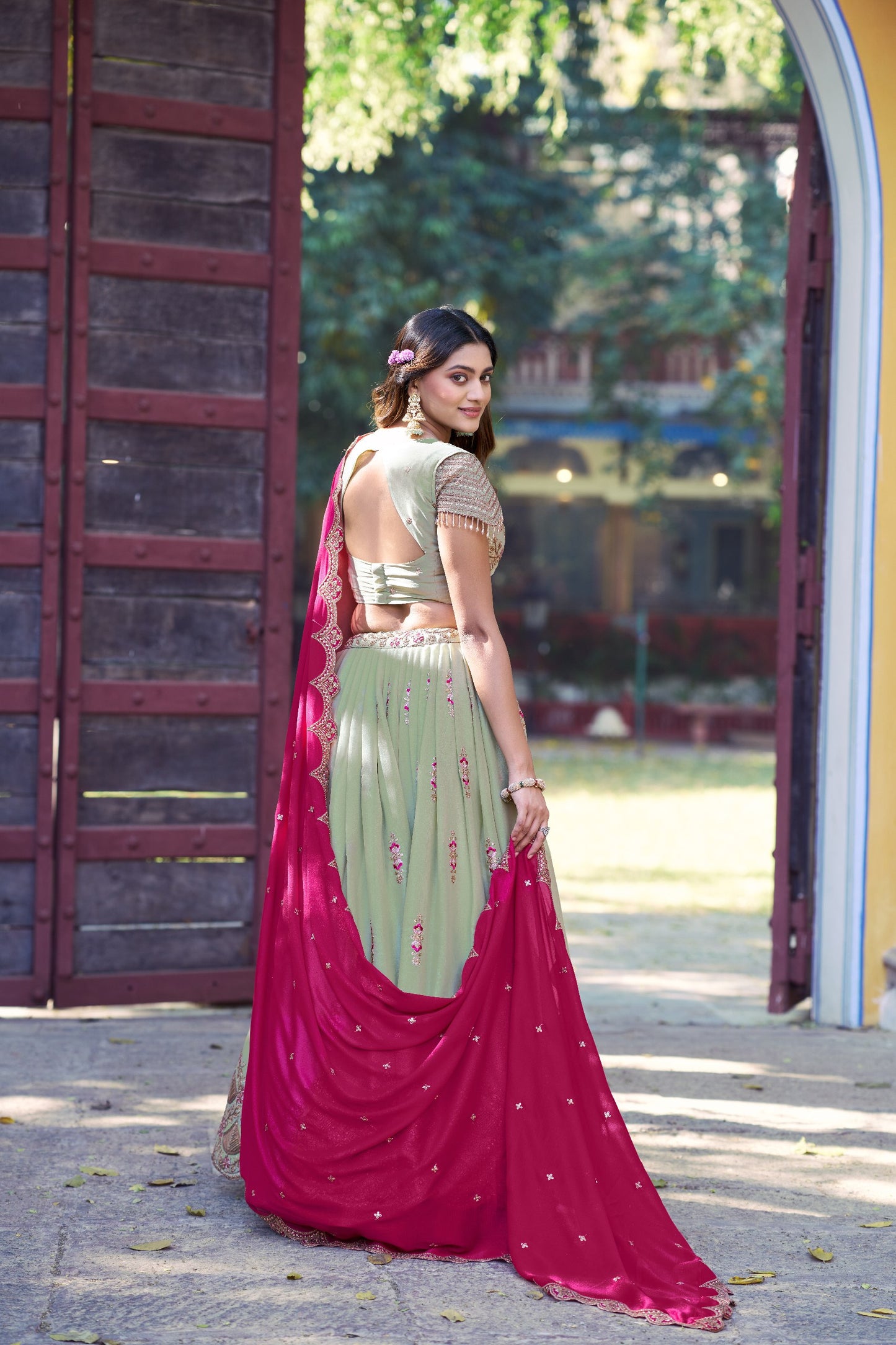 Pista Green Star Georgette Lehenga Choli for Mehendi
