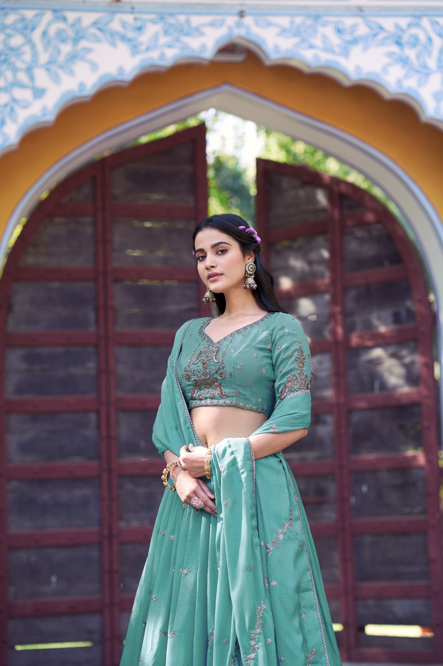 Sky Blue Star Georgette Lehenga Choli with Dupatta Set