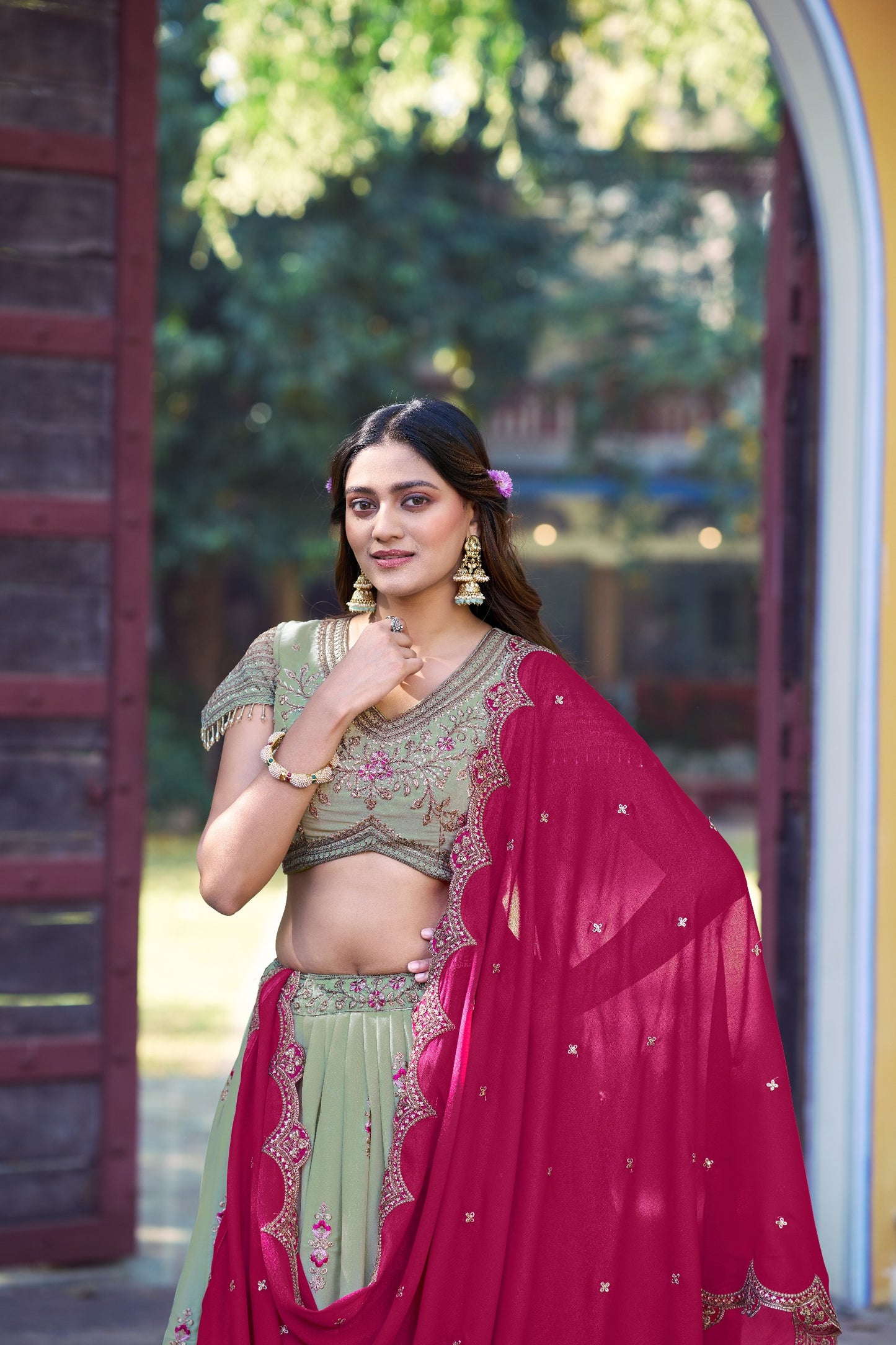 Pista Green Star Georgette Lehenga Choli for Mehendi
