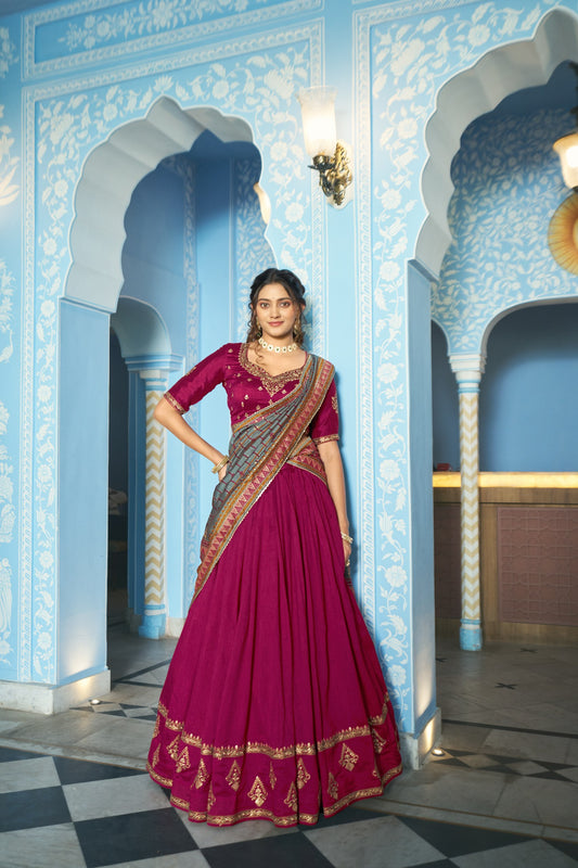 Rani Pink Vichitra Silk Embroidered Bridesmaids Lehenga Choli
