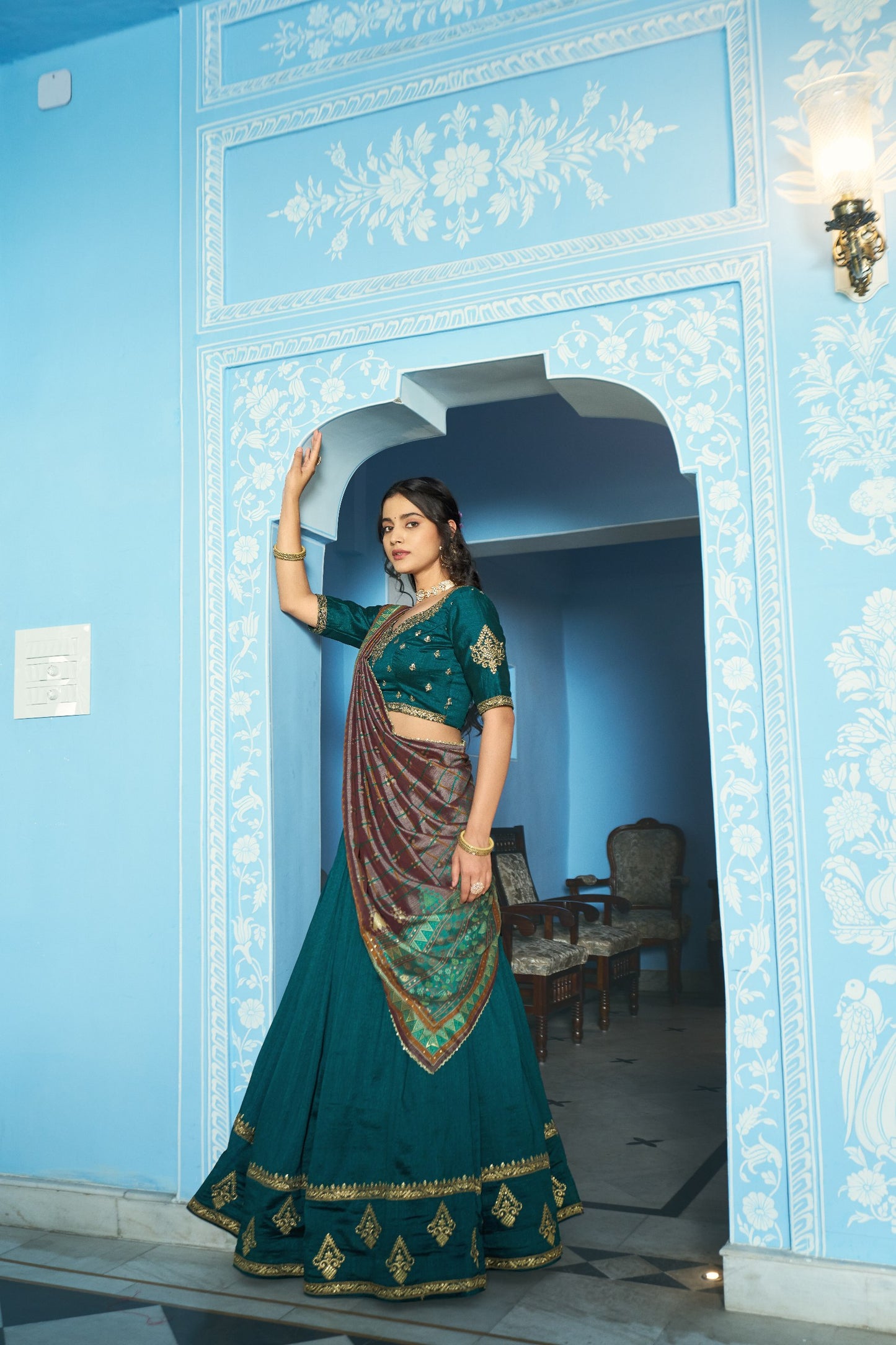 Teal Blue Vichitra Silk Lehenga Choli for Engagement