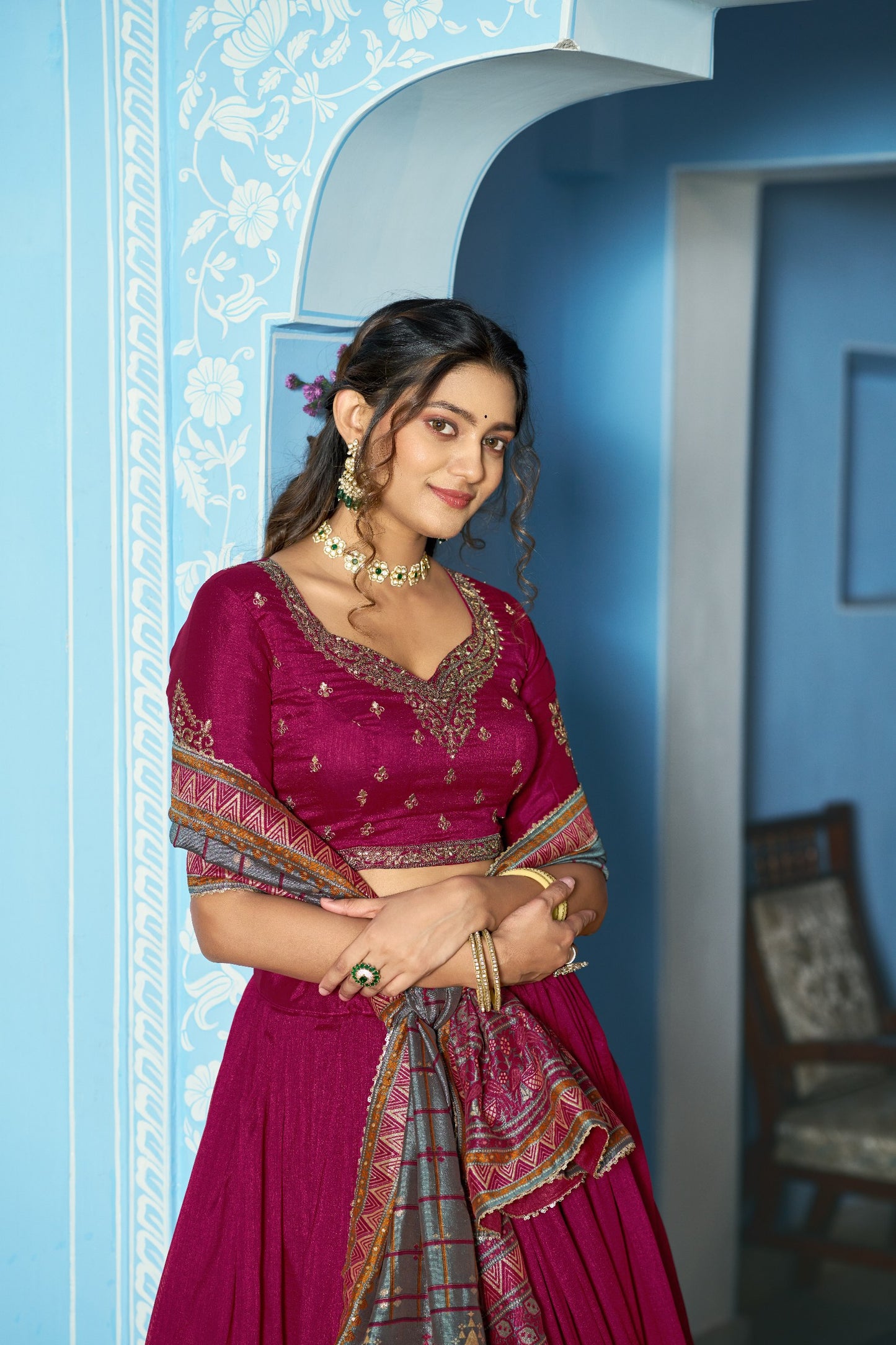 Rani Pink Vichitra Silk Embroidered Bridesmaids Lehenga Choli