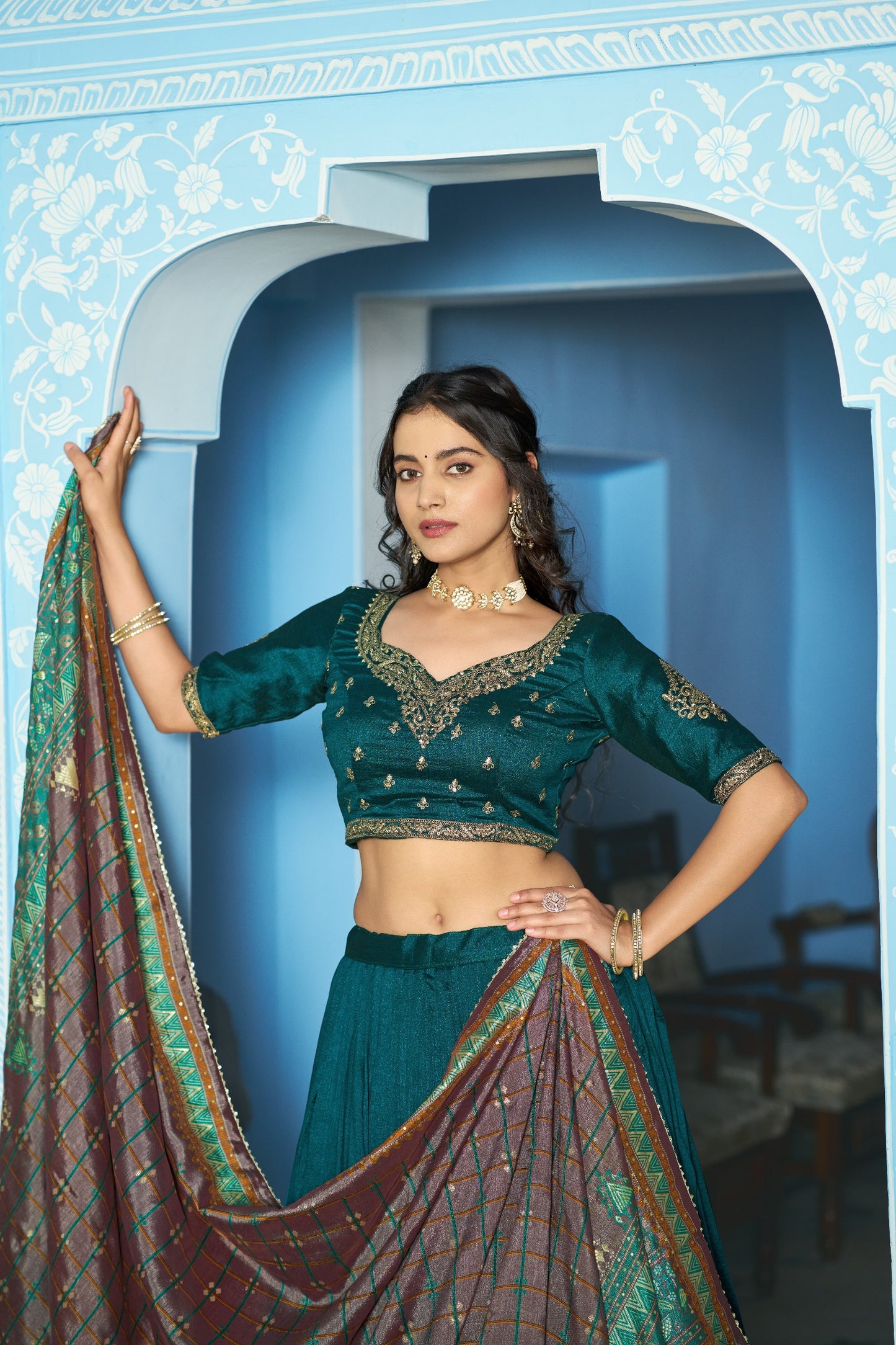 Teal Blue Vichitra Silk Lehenga Choli for Engagement