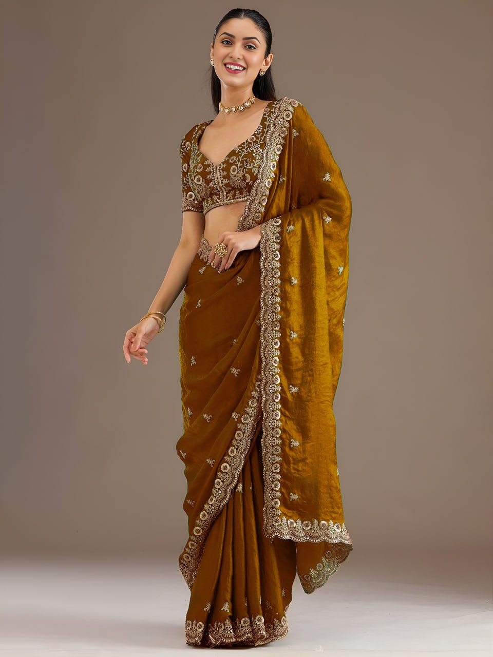 Yellow Gold Tissue Sequins Embroidered Party Wear Saree