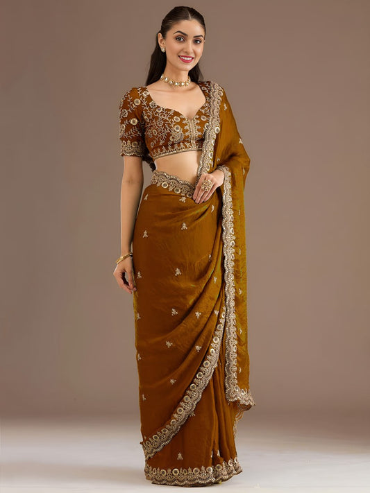 Yellow Gold Tissue Sequins Embroidered Party Wear Saree