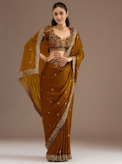 Yellow Gold Tissue Sequins Embroidered Party Wear Saree