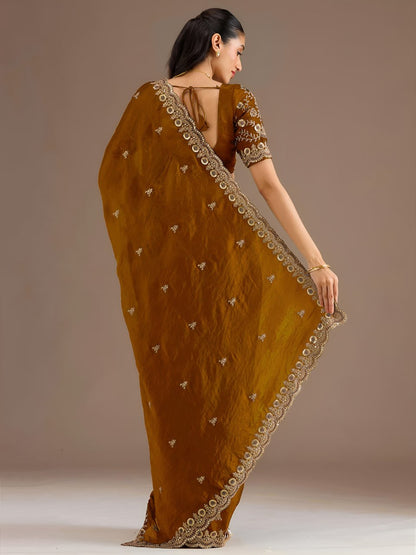 Yellow Gold Tissue Sequins Embroidered Party Wear Saree