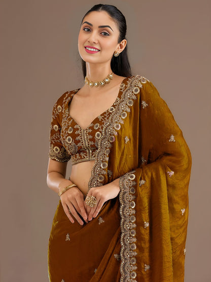 Yellow Gold Tissue Sequins Embroidered Party Wear Saree