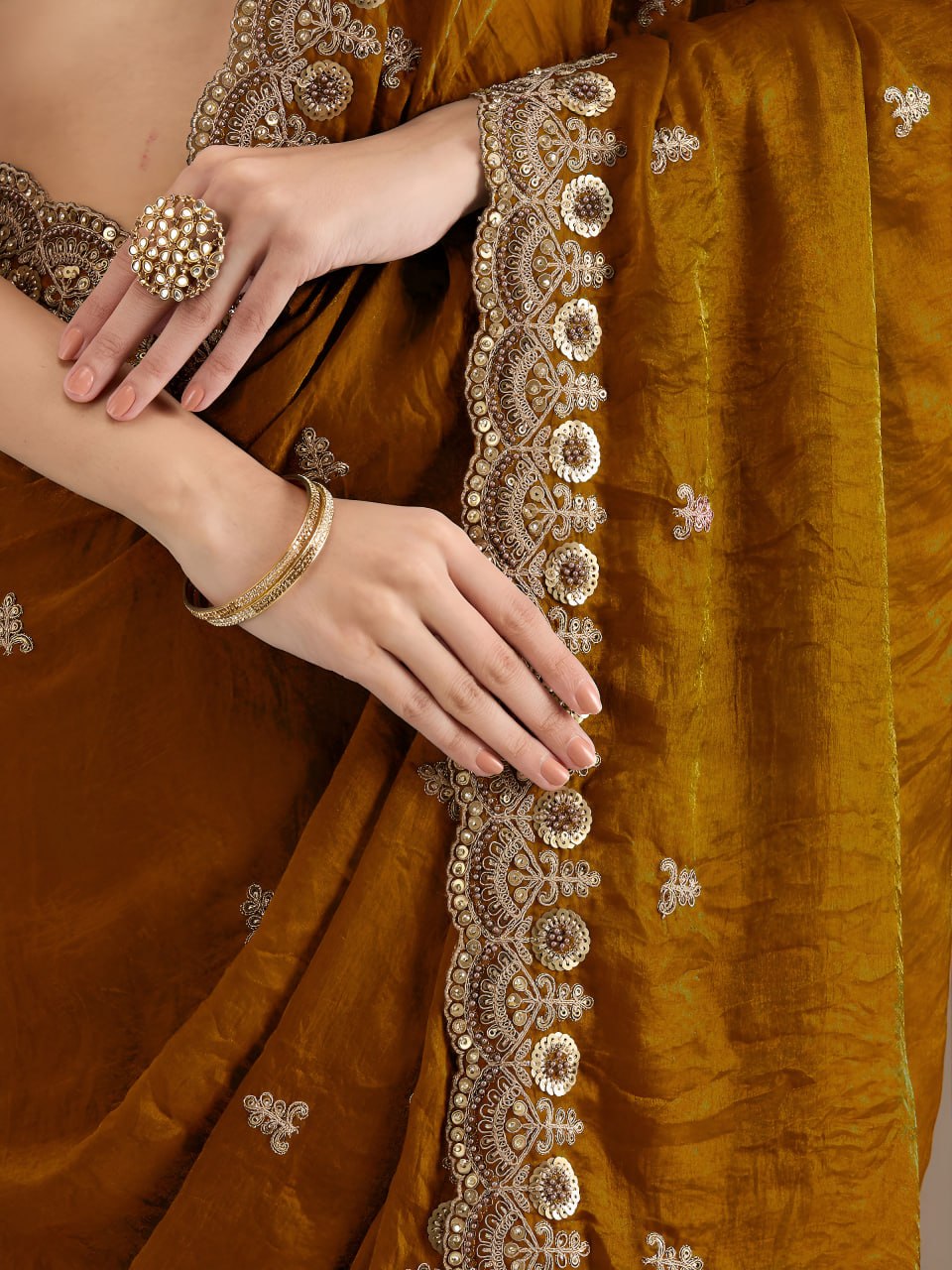 Yellow Gold Tissue Sequins Embroidered Party Wear Saree