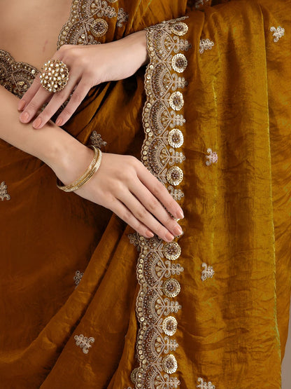 Yellow Gold Tissue Sequins Embroidered Party Wear Saree