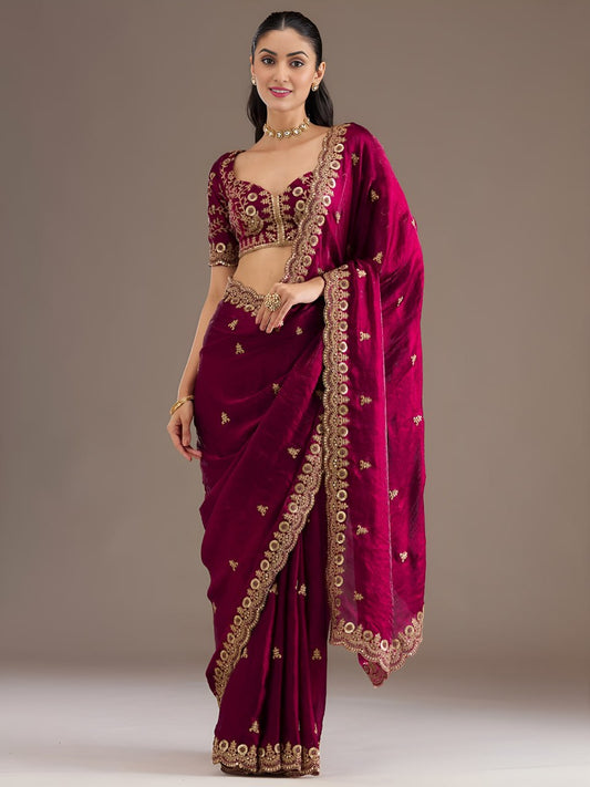 Maroon Tissue Sequins Embroidered Bridesmaids Saree