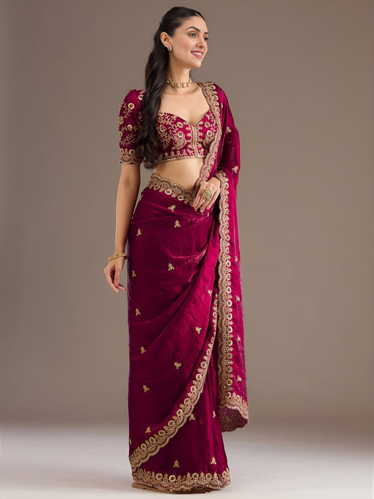 Maroon Tissue Sequins Embroidered Bridesmaids Saree