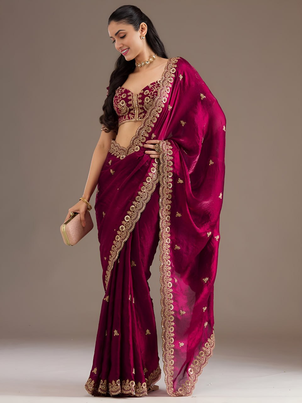 Maroon Tissue Sequins Embroidered Bridesmaids Saree