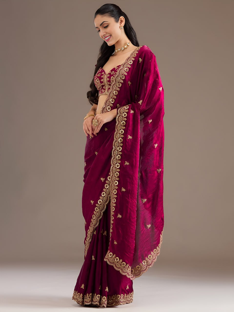 Maroon Tissue Sequins Embroidered Bridesmaids Saree