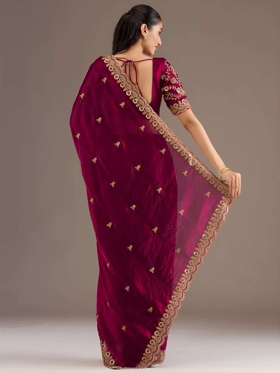 Maroon Tissue Sequins Embroidered Bridesmaids Saree