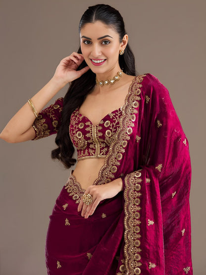 Maroon Tissue Sequins Embroidered Bridesmaids Saree