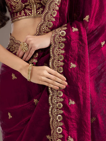 Maroon Tissue Sequins Embroidered Bridesmaids Saree