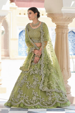 soft net olive green lehenga engagement