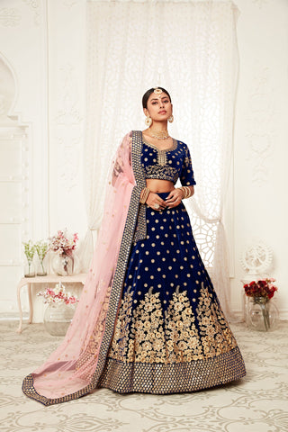 navy blue velvet lehenga choli with light pink dupatta