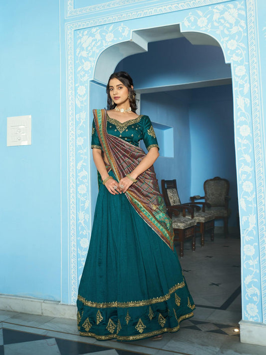 Teal Blue Vichitra Silk Lehenga Choli for Engagement