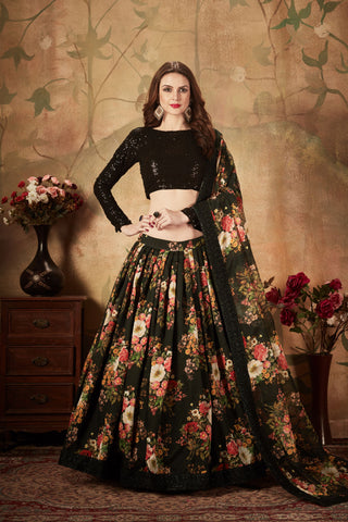 Organza and georgette black color lehenga choli images