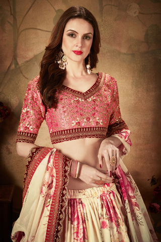 Beige and peach color heavy organza lehenga choli price